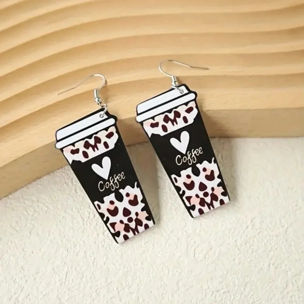 Cheetah Print Coffee Cup With Heart Wood Hook Dangle Earrings
